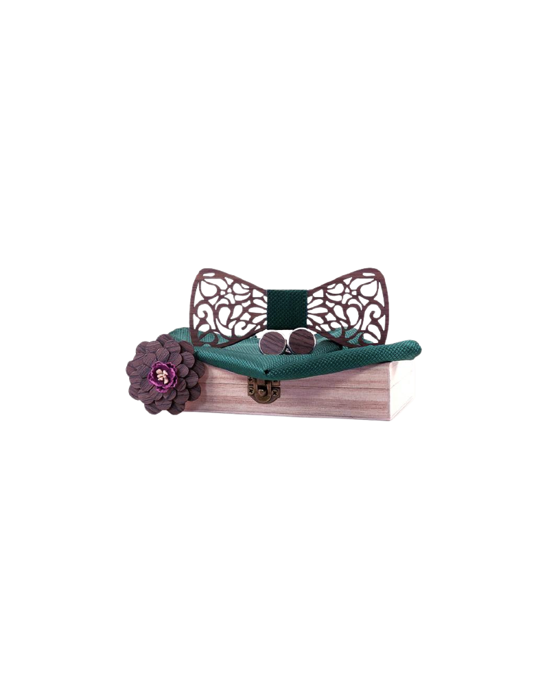 Coffret noeud papillon en bois avec pochette de costume coloris vert - Cormier