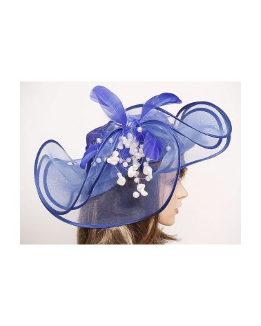 Chapeau de cérémonie grand format en sisal et perles coloris bleu roi