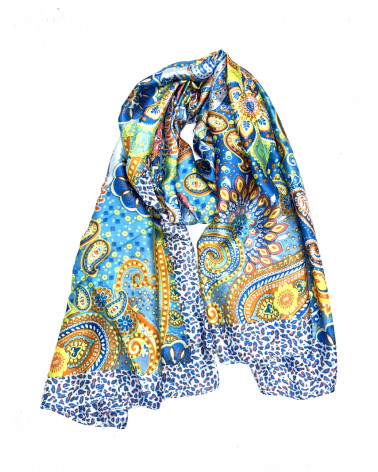 Foulard femme au toucher soie impression cachemire coloris bleu