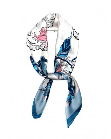 Carré toucher soie coloris bleu motif feuillage - Chapo & Co