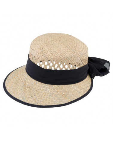 Chapeau forme casquette tissage ajourée en paille avec ruban noir