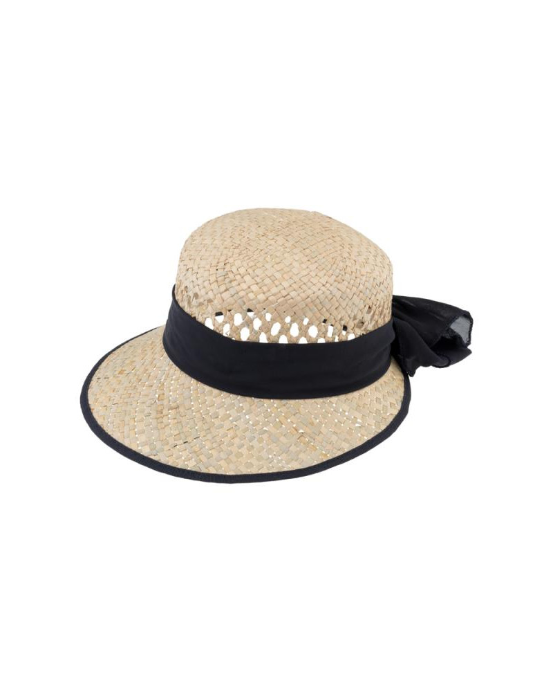 Chapeau forme casquette tissage ajourée en paille avec ruban noir