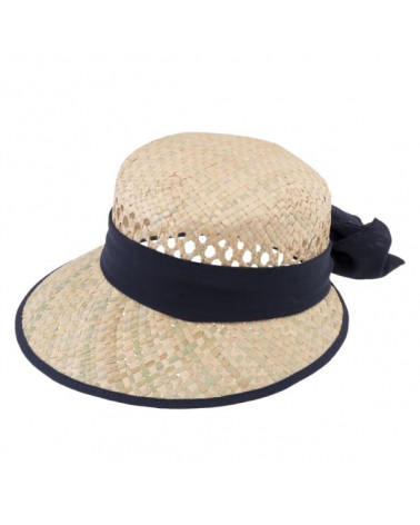 Chapeau forme casquette tissage ajourée en paille avec ruban marine