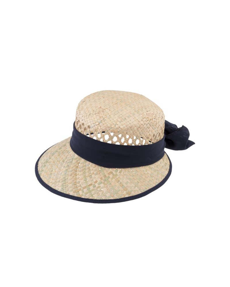 Chapeau forme casquette tissage ajourée en paille avec ruban marine