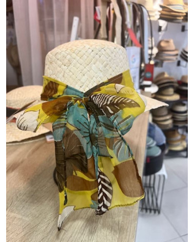 Chapeau forme casquette en paille naturelle avec ruban fantaisie - Chapo & Co