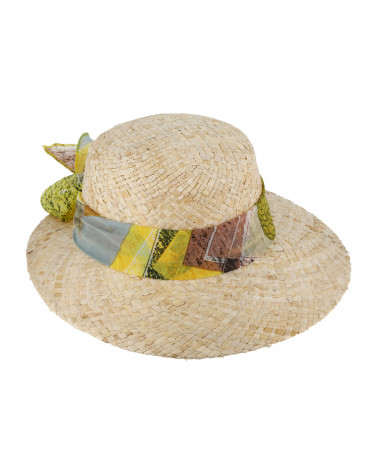 Chapeau forme casquette en paille naturelle avec ruban fantaisie - Chapo & Co