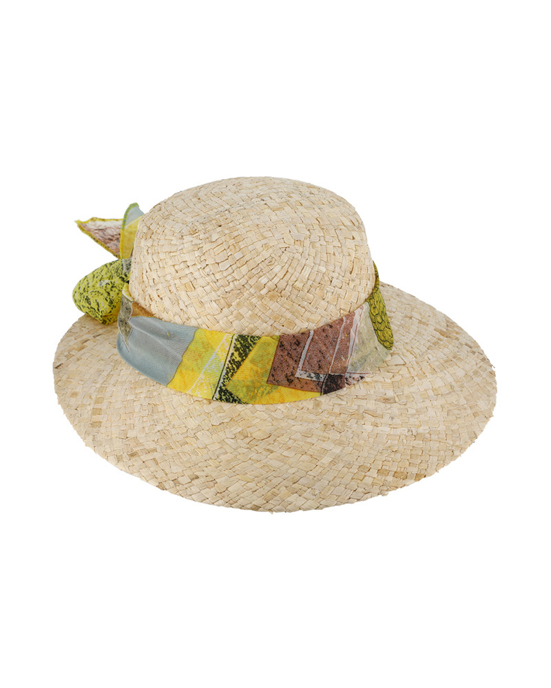 Chapeau forme casquette en paille naturelle avec ruban fantaisie - Chapo & Co