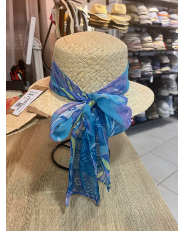 Chapeau forme casquette en paille naturelle avec ruban fantaisie - Chapo & Co