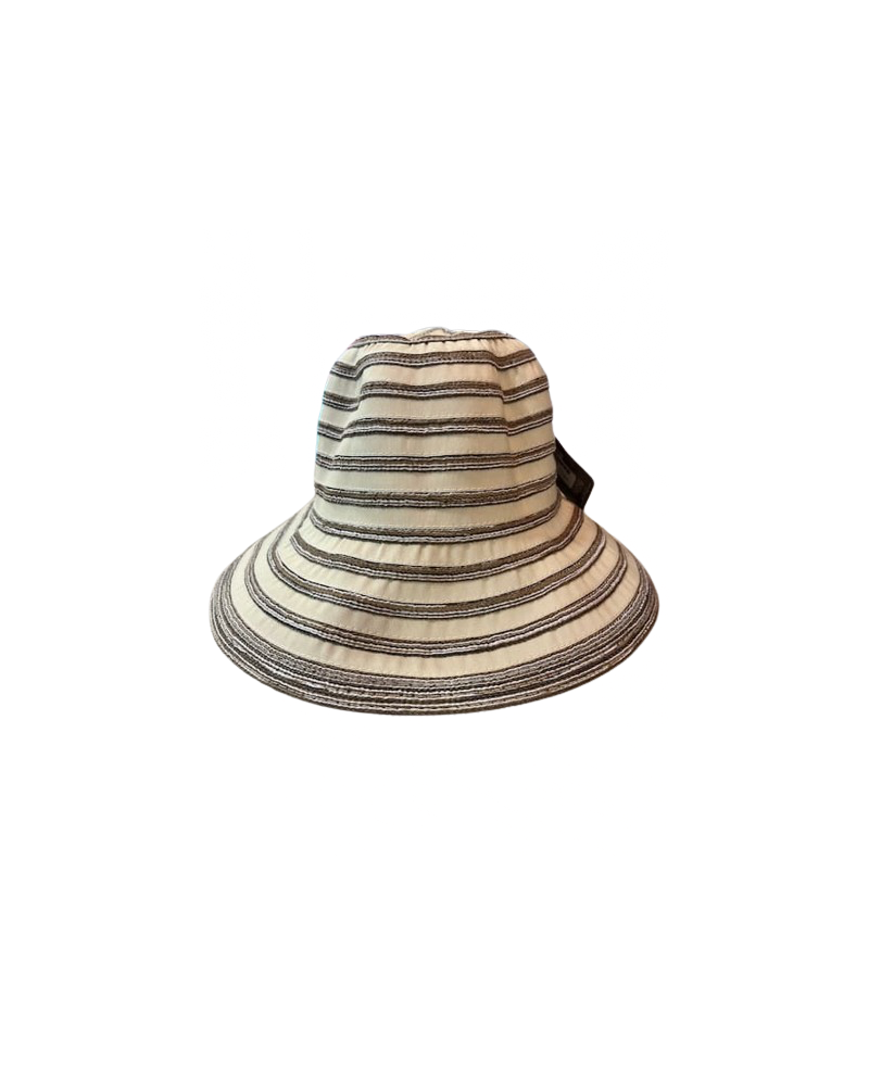 Chapeau forme cloche bord large modèle à rayures coloris beige