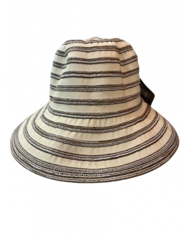 Chapeau forme cloche bord large modèle à rayures coloris beige