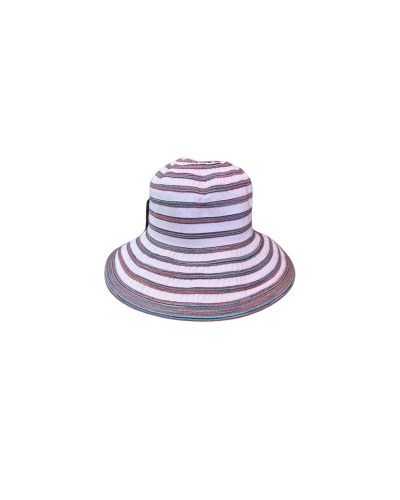 Chapeau forme cloche bord large modèle à rayures coloris rose pâle