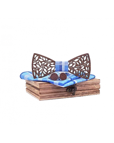 Coffret noeud papillon en bois tissu carreaux bleu - modèle Carpinus