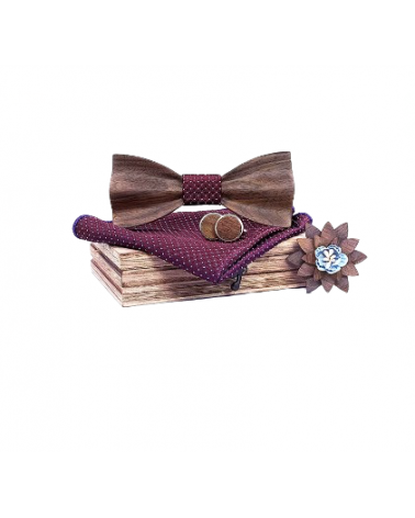 Coffret noeud papillon en bois avec pochette assortie effet drapé coloris prune