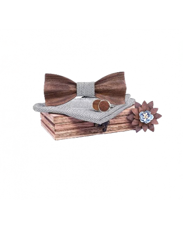 Coffret noeud papillon en bois avec pochette assortie effet drapé coloris gris