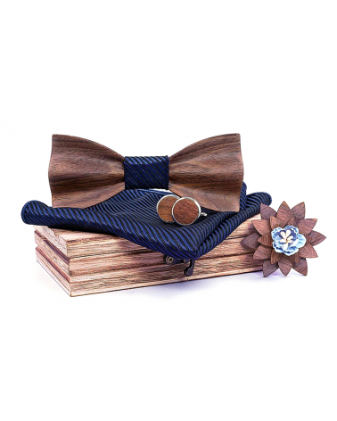 Coffret noeud papillon en bois avec pochette assortie effet drapé coloris marine