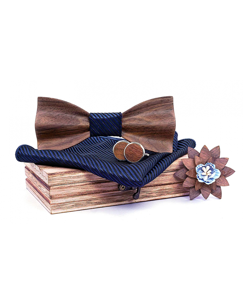 Coffret noeud papillon en bois avec pochette assortie effet drapé coloris marine