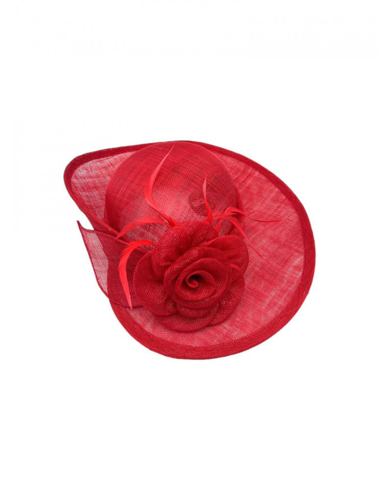 Chapeau de cérémonie en paille sisal coloris rouge avec décor fleurs