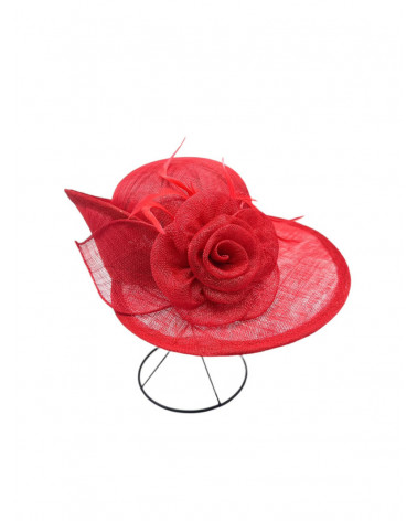 Chapeau de cérémonie en paille sisal coloris rouge avec décor fleurs