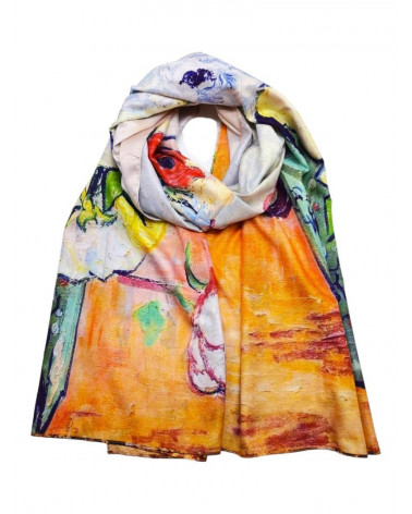 Foulard long double face, touché soie – Van Gogh. « Roses et anémones » et une peinture représentant la ville de Paris