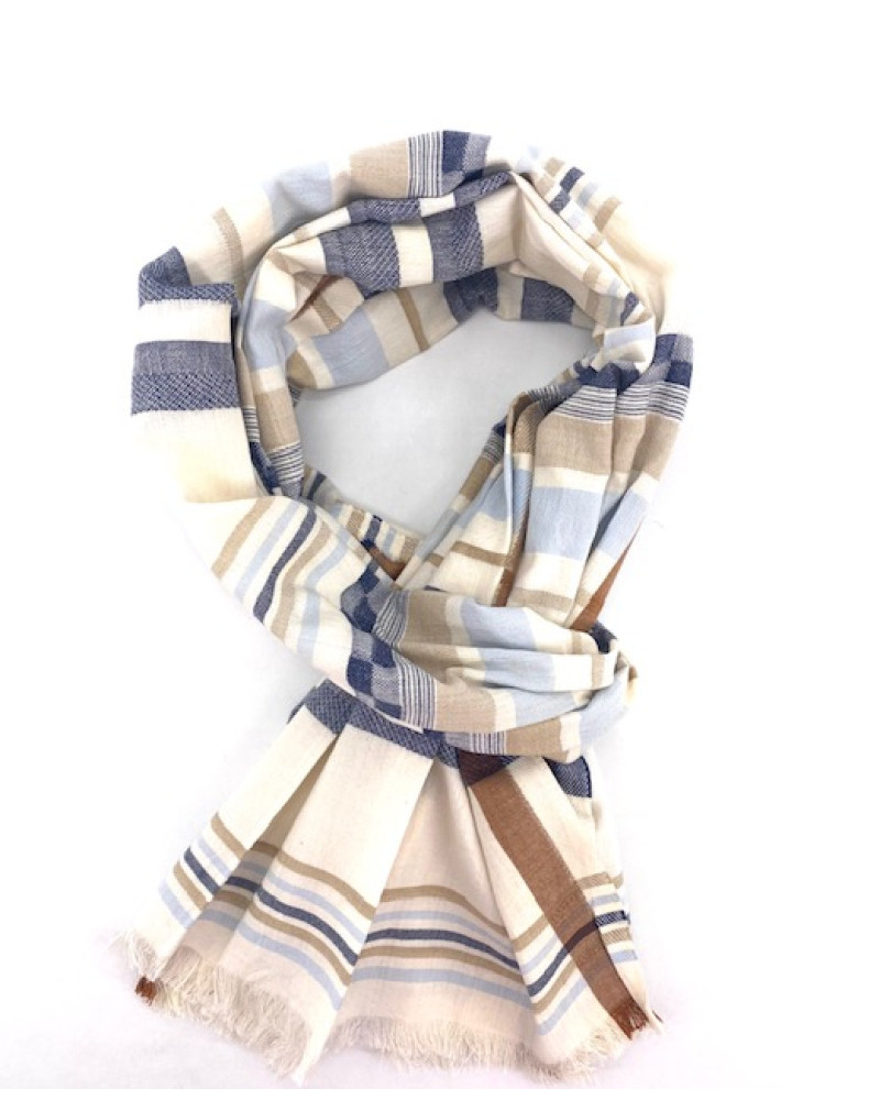 Foulard chèche en coton indien homme coloris bleu rayé - Chapo & Co