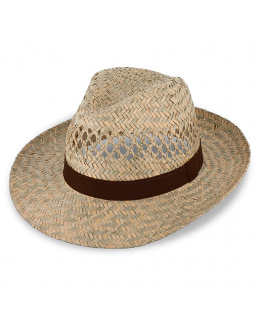 Chapeau forme Fedora en paille naturelle avec gros grain brun