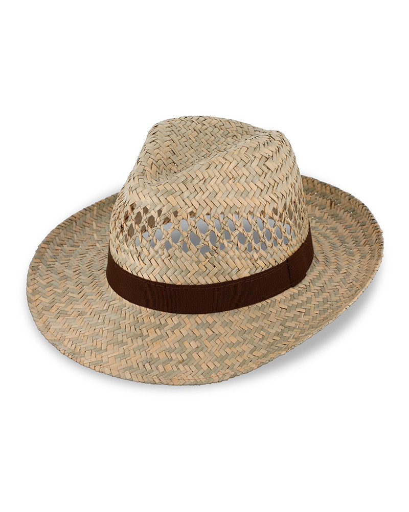 Chapeau forme Fedora en paille naturelle avec gros grain brun