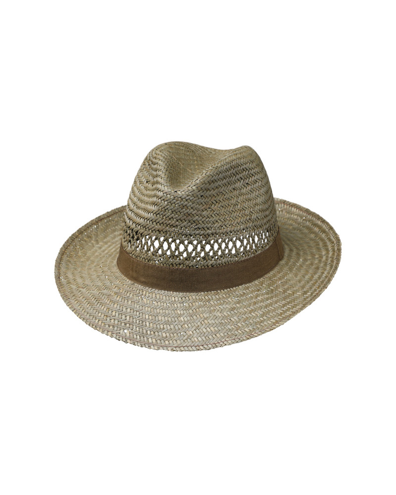 Chapeau forme Fedora en paille naturelle finement tressé avec ruban taupe