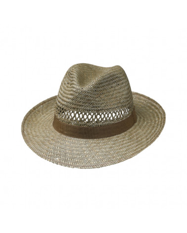 Chapeau forme Fedora en paille naturelle finement tressé avec ruban taupe