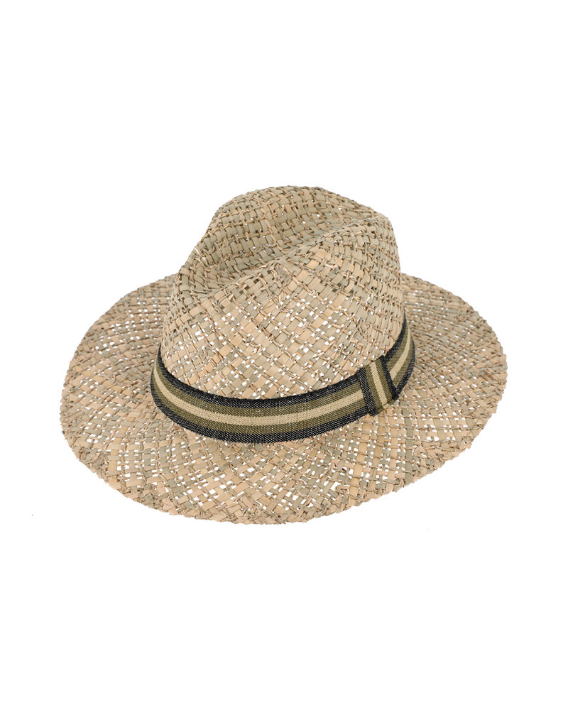Chapeau forme Traveller en paille naturelle avec bandeau beige et kaki