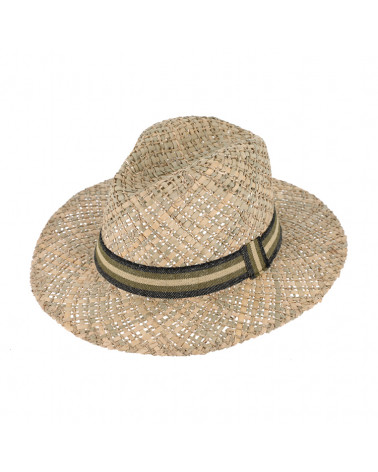 Chapeau forme Traveller en paille naturelle avec bandeau beige et kaki