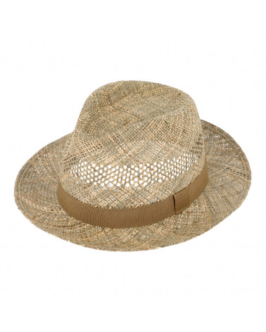 Chapeau forme Traveller en paille naturelle avec bandeau taupe - Chapo & Co