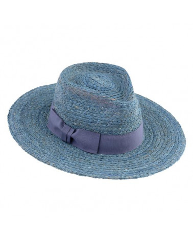 Chapeau d'été forme Fedora femme en paille coloris bleu jeans