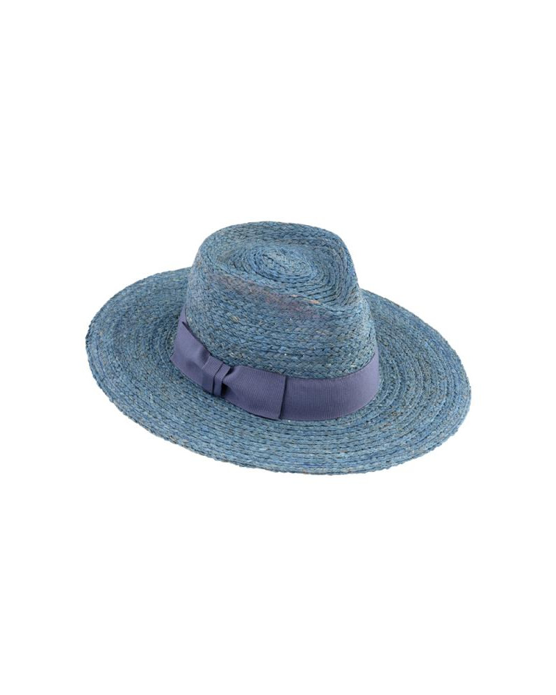 Chapeau d'été forme Fedora femme en paille coloris bleu jeans