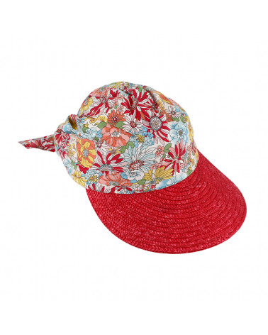 Casquette visière de plage en paille et tissu coloris rouge - Chapo & Co