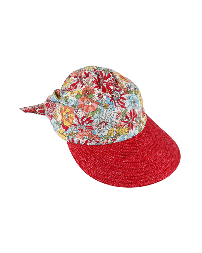 Casquette visière de plage en paille et tissu coloris rouge - Chapo & Co