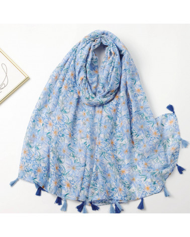 Foulard femme en coton coloris bleu ciel imprimé fleurs - Chapo & Co