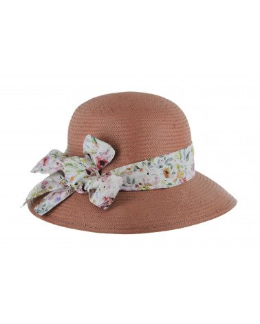 Chapeau cloche en 100% paille coloris rose poudre bandeau fleuri