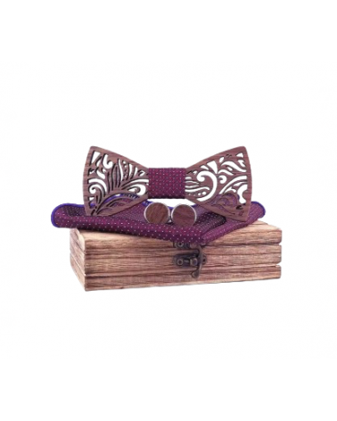 Coffret noeud papillon en bois ajouré feuillage coloris bordeaux