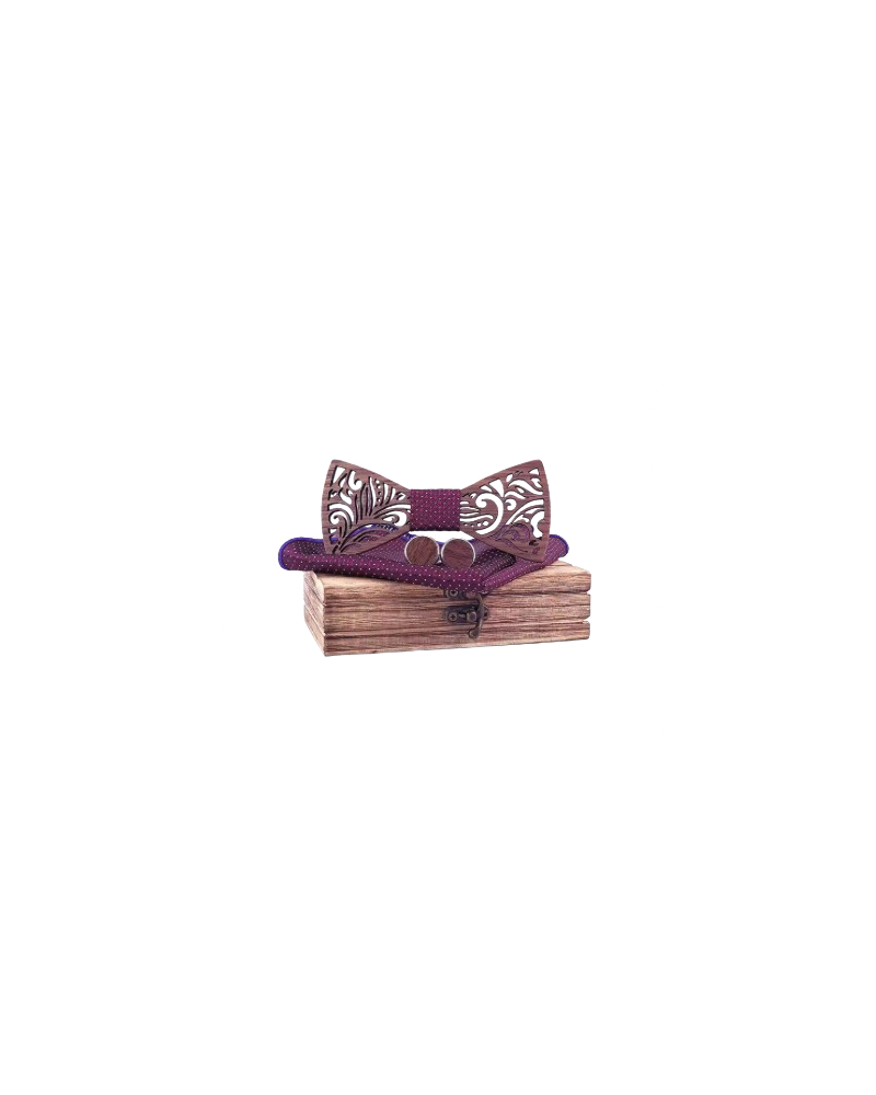 Coffret noeud papillon en bois ajouré feuillage coloris bordeaux