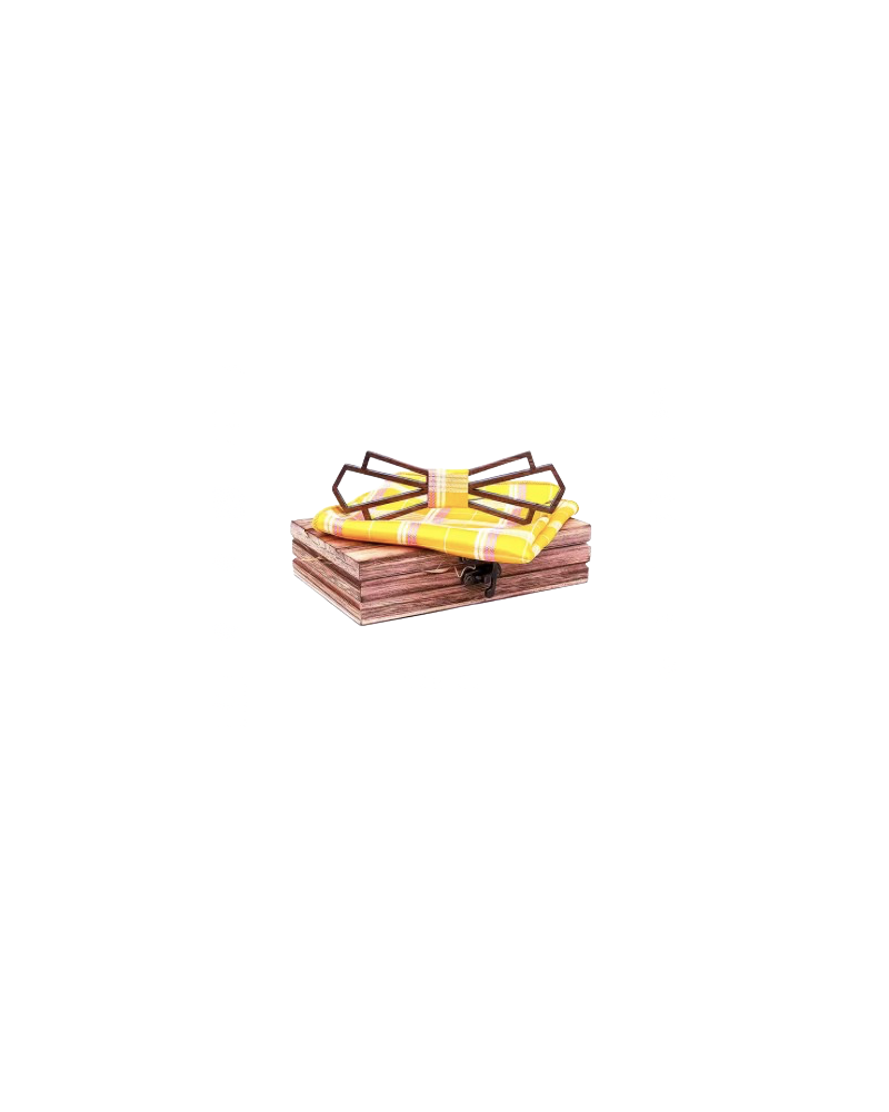 Coffret noeud papillon en bois modèle soleil vintage coloris jaune avec pochette