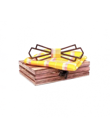 Coffret noeud papillon en bois modèle soleil vintage coloris jaune avec pochette