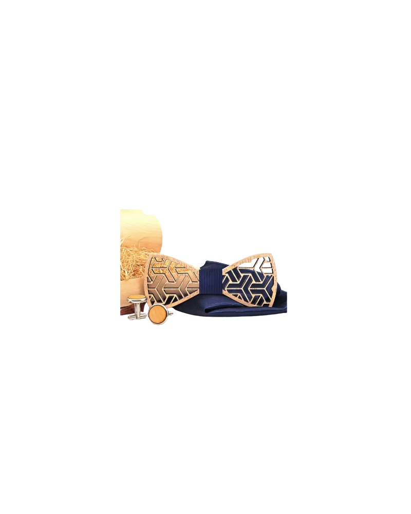 Coffret Nœud Papillon en Bois & Boutons de Manchette – Modèle Graphique Bleu Nuit