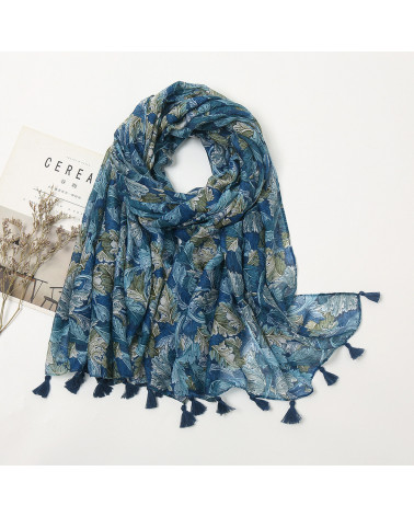 Foulard femme en coton coloris bleu imprimé feuilles - Chapo & Co