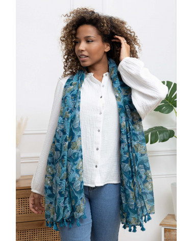 Foulard femme en coton coloris bleu imprimé feuilles - Chapo & Co