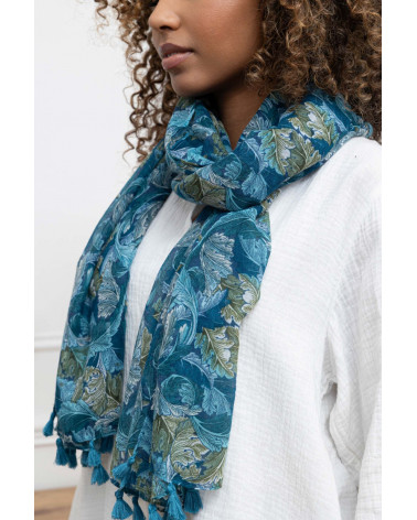 Foulard femme en coton coloris bleu imprimé feuilles - Chapo & Co