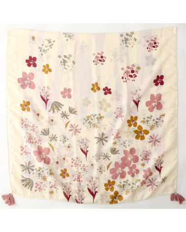 Foulard femme en coton coloris crème imprimé fleurs avec pompons - Chapo & Co