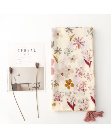 Foulard femme en coton coloris crème imprimé fleurs avec pompons - Chapo & Co