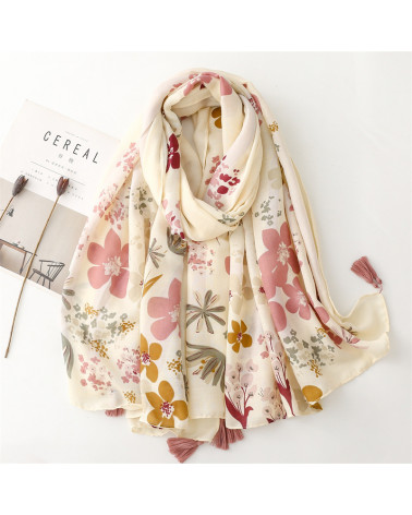 Foulard femme en coton coloris crème imprimé fleurs avec pompons - Chapo & Co