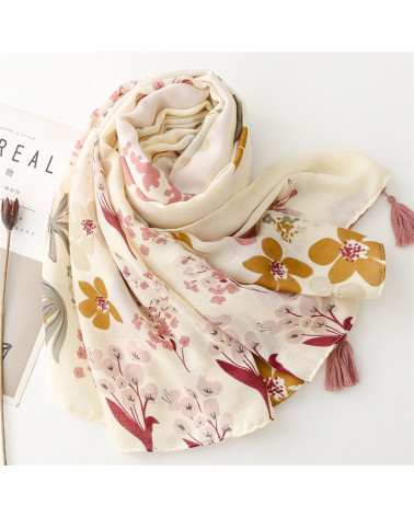 Foulard femme en coton coloris crème imprimé fleurs avec pompons - Chapo & Co