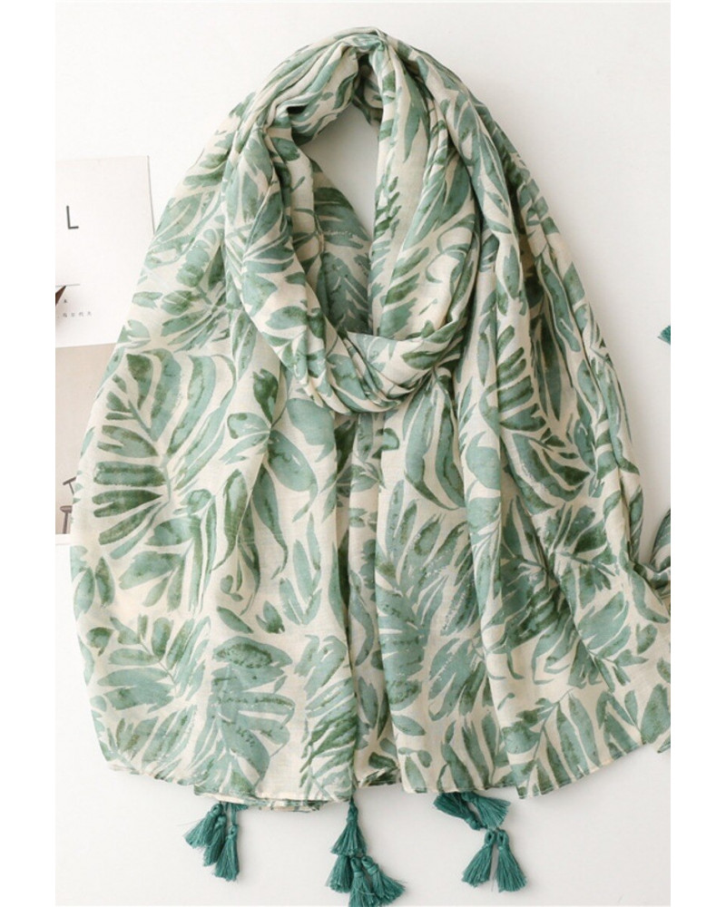 Foulard femme en coton coloris vert pâle imprimé feuilles - Chapo & Co